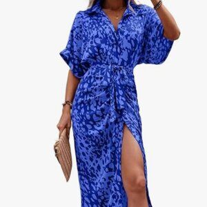 Allover Print Batwing Sleeve Belted Shirt Long Dress